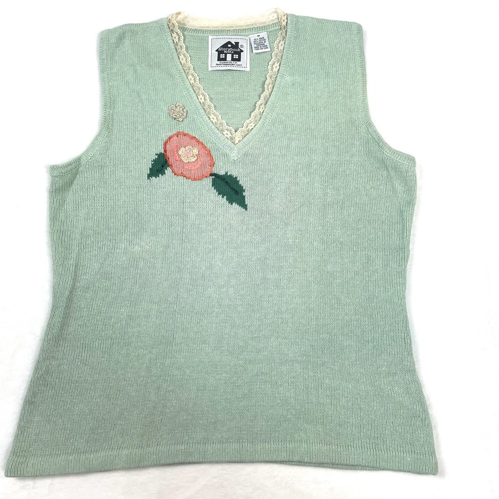 VTG Storybook Kits Seafoam Mint Green Cotton Ramie Embroidered Lace Tank Top M